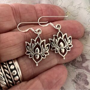 .925 Sterling Silver Dangle Lotus Flower Earrings